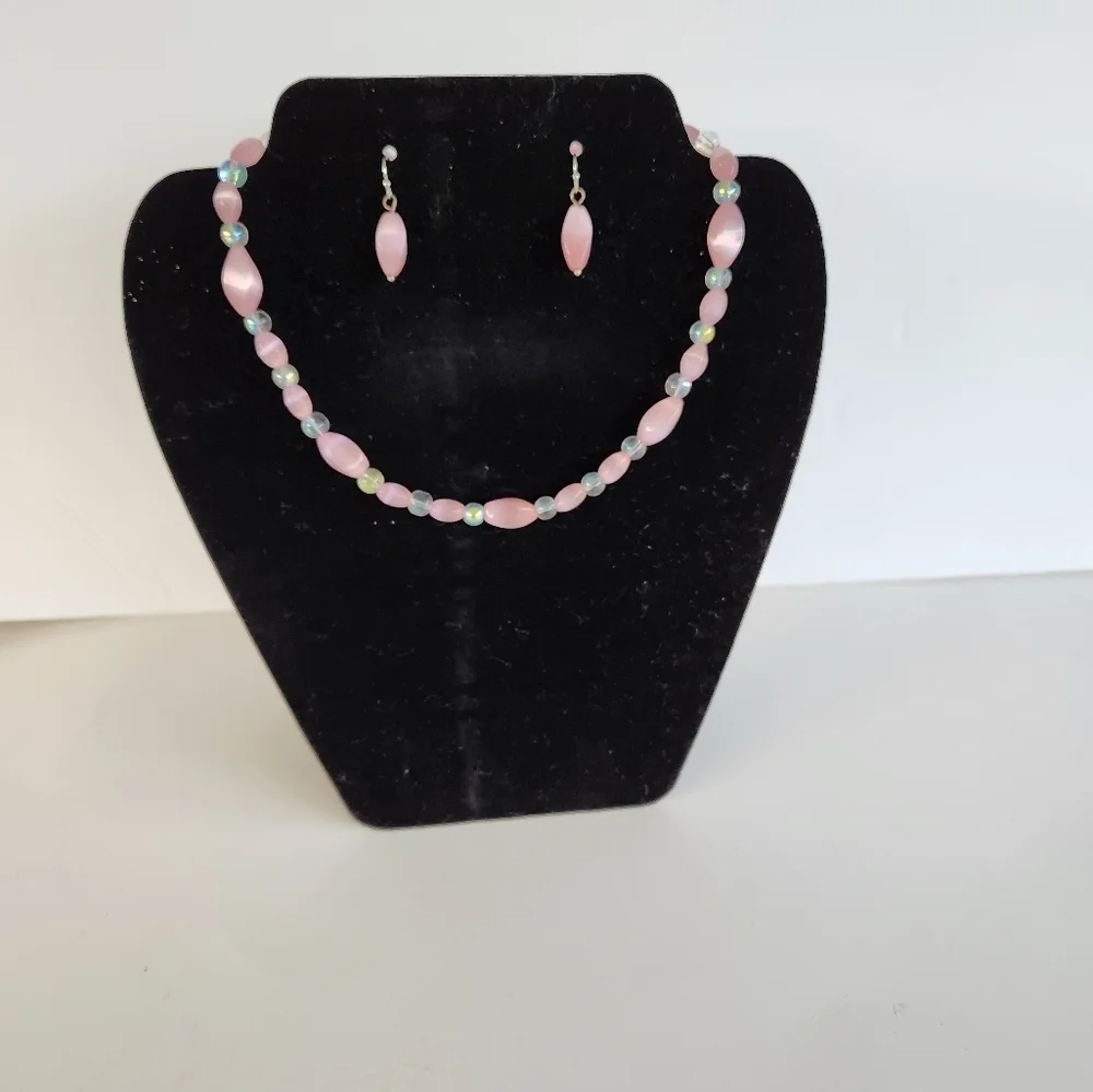 Hand Crafted Necklace and Pierced Pink Cat's Eye Iridescent Beads 15.5